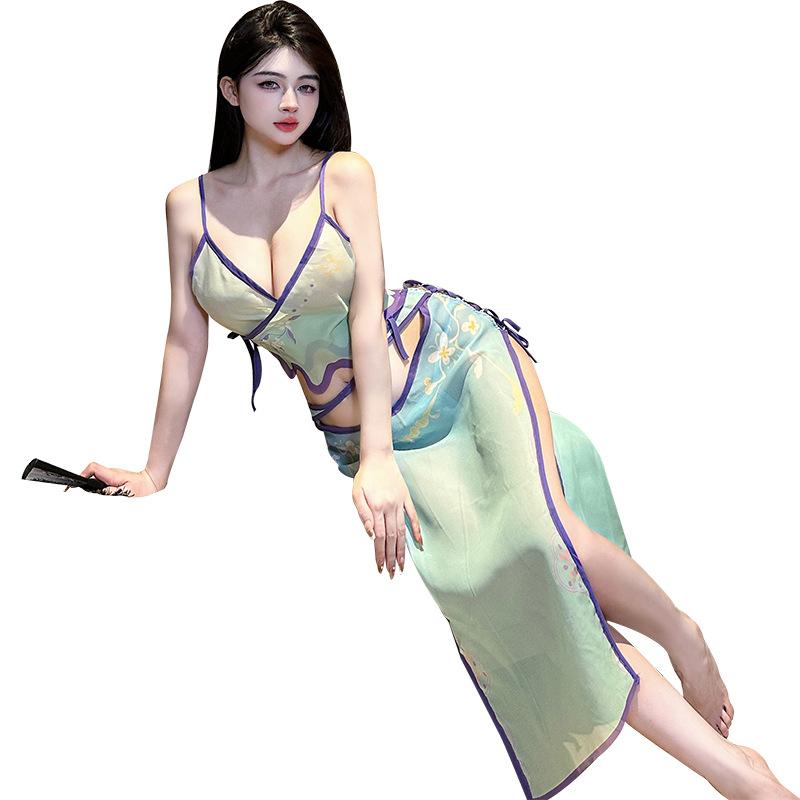 New sexy mesh see-through suit, high-waisted women's pants, hollowed-out retro suspenders, sexy Hanfu underwear