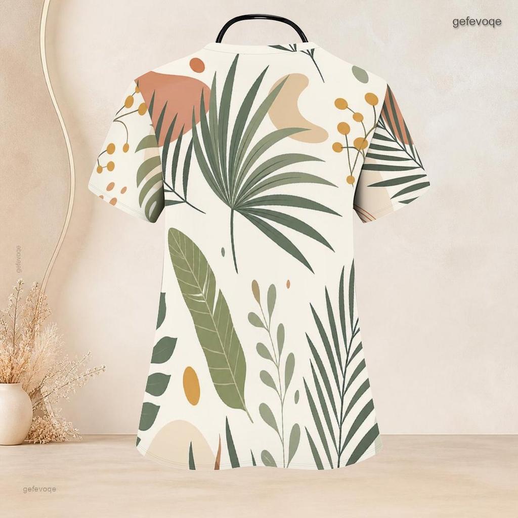 Women Plus Size Nurse Scrub Top V Neck Short Sleeve Tropical Leaf Printed With Front Pockets