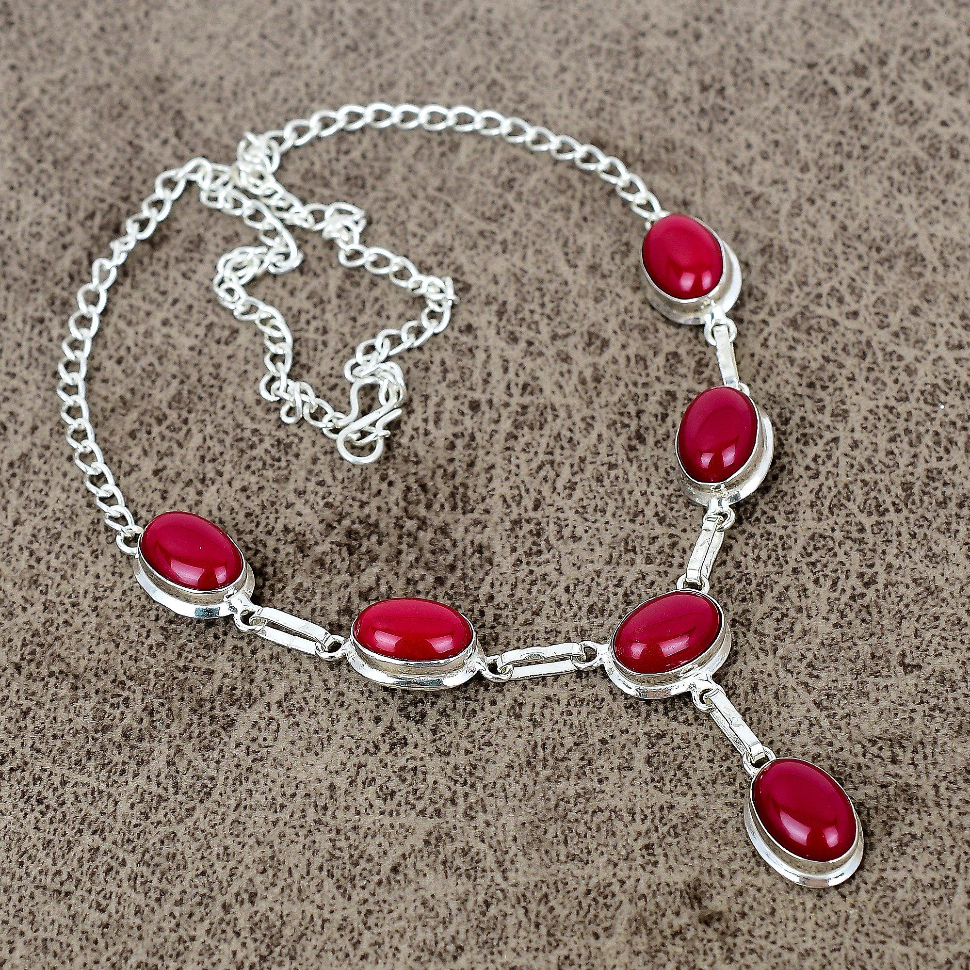 

Red Coral Gemstone Handmade 925 Sterling Silver Jewelry Necklace 18 KKG-410