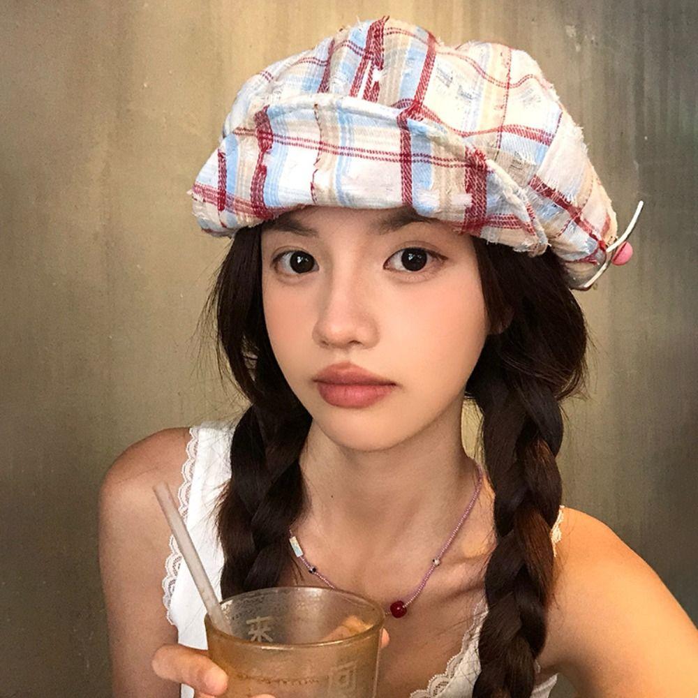 

Y2k Plaid Cloud Berets Korean Painter Hat Retro Octagonal Caps Spring Summer Style 1