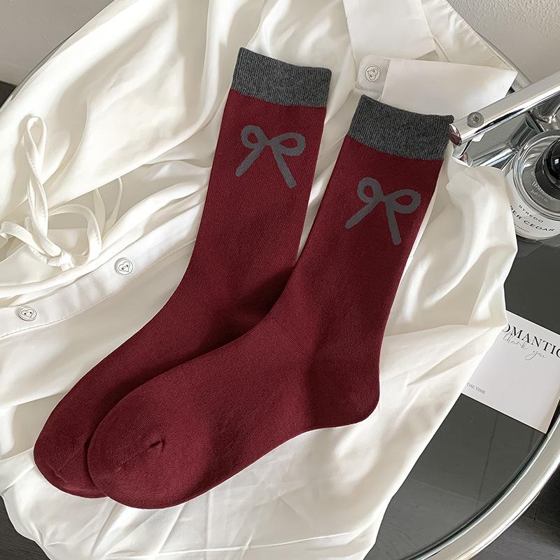 

«Корейские ретро-носки цвета бордо с полосками и бантом, с кружевной отделкой для женщин» One Size