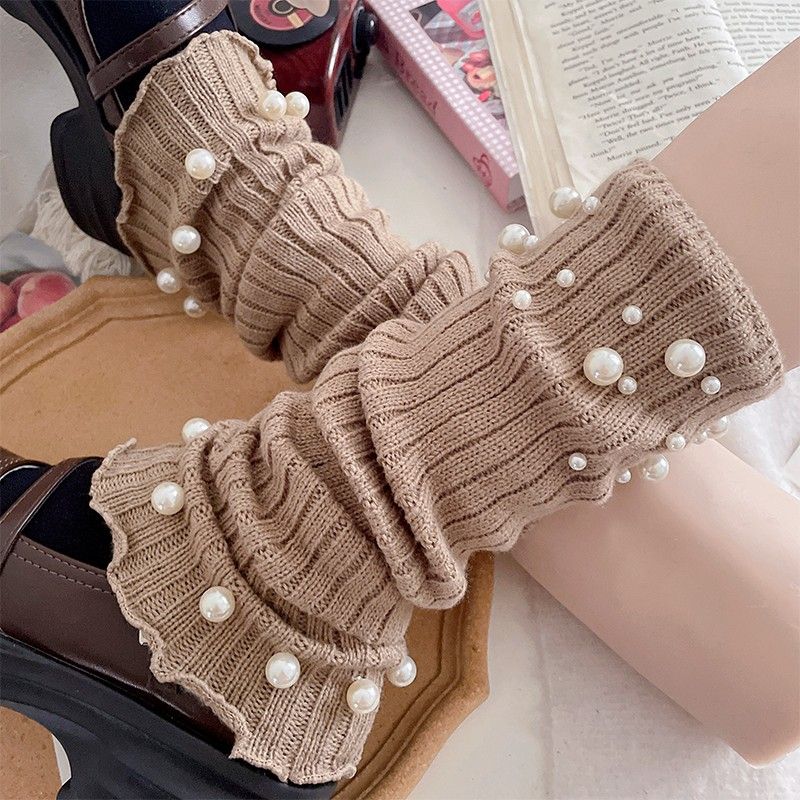 Women's Milk White Ruffled Wide-leg Leg Warmers Y2K Pearl Studded Socks JK Lolita Slouchy Long Leg Socks