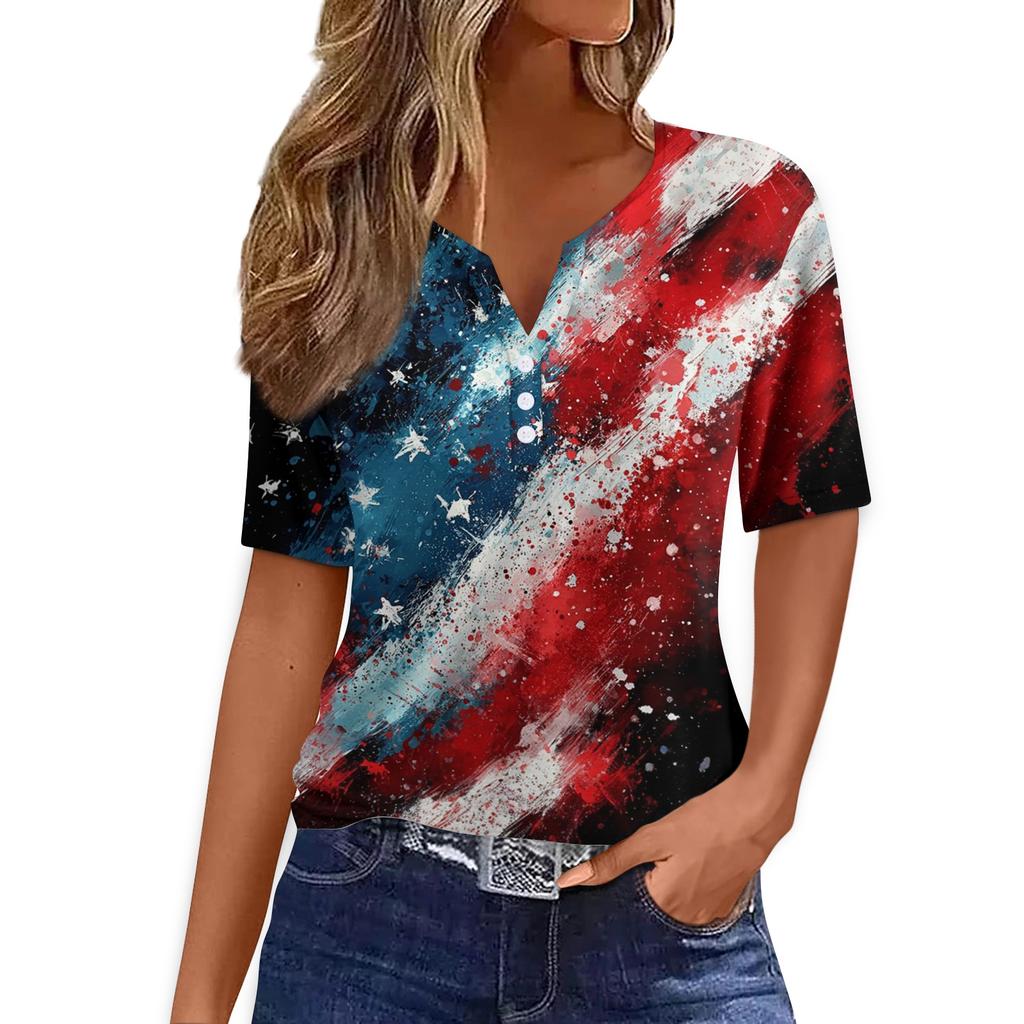 Women's T Shirt Tee Print Button Short Sleeve Daily Weekend Fashion Basic V- Neck Regular Top