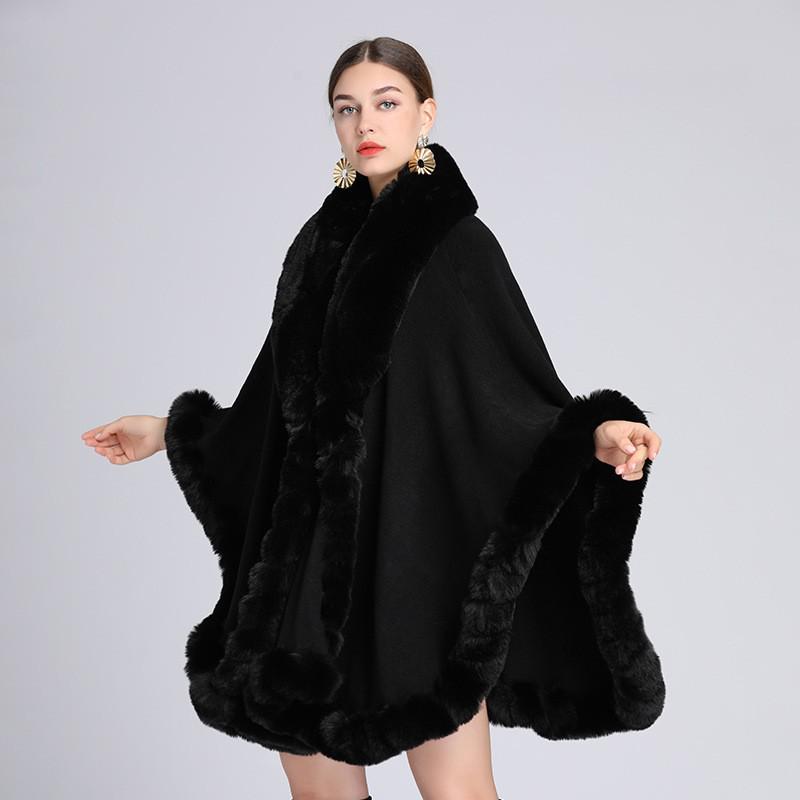 Women's Imitation Rex Rabbit Fur Collar Shawl Cape - Large Size, Knitted Loose Fit Cardigan for Autumn and Winter
