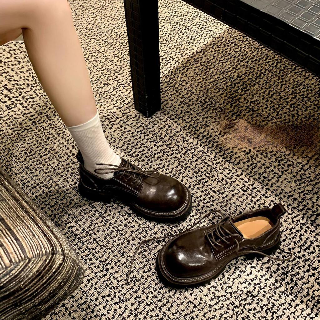 Sheepskin~ platform muffin loafers women's leather retro thick heel lace-up jk single shoes British college style small leather shoes