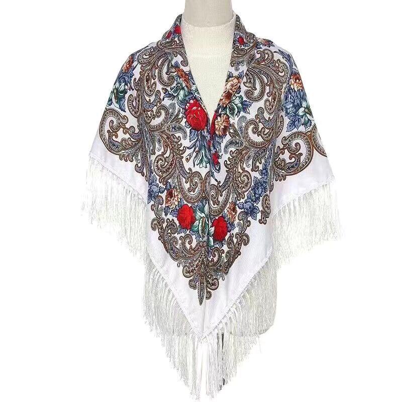 Ethnic Russian Print Tassel Shawl & Cardigan Scarf - High-End Dual-Use Square Design