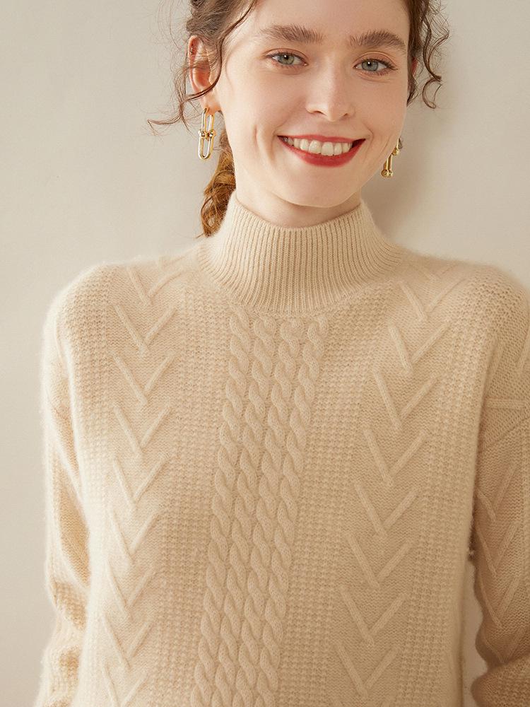Women's Heavyweight Cable Knit 100% Pure Cashmere Half-High Collar Sweater