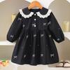 Baby Girls Long Sleeve Dress Floral Embroidery Bow Ruffle Collar Black Princess Kids