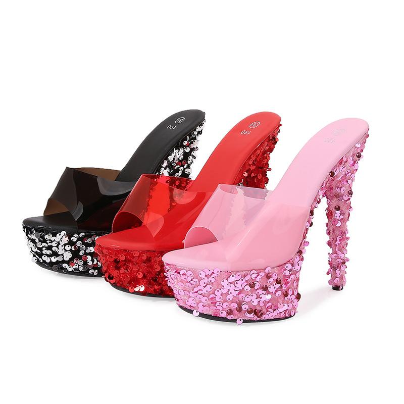 Fashion 15Cm Nightclub Sex Girl Shoes Waterproof Platform Roman Fish-mouth Lady Ultra-high Heel Slippers