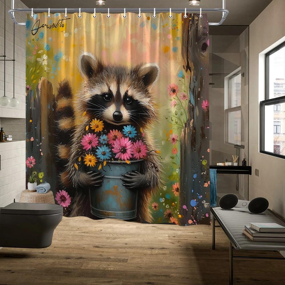 Raccoon Shower Curtain - Cute Raccoon With Flowers, Rustic Fence, Colorful Background,Fade Resistant,70.8X70.8",Machine Washable