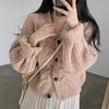 Autumn Simple Lazy Wind Bubble Sleeve Twist Pattern Loose Knitted Cardigan Sweater Jacket Women