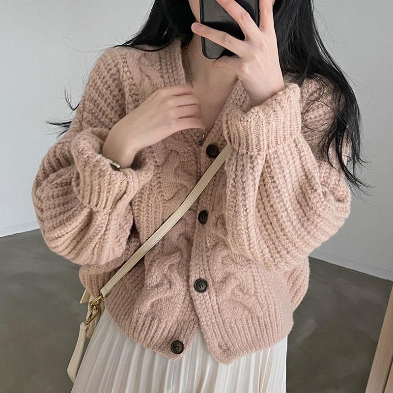 Autumn Simple Lazy Wind Bubble Sleeve Twist Pattern Loose Knitted Cardigan Sweater Jacket Women