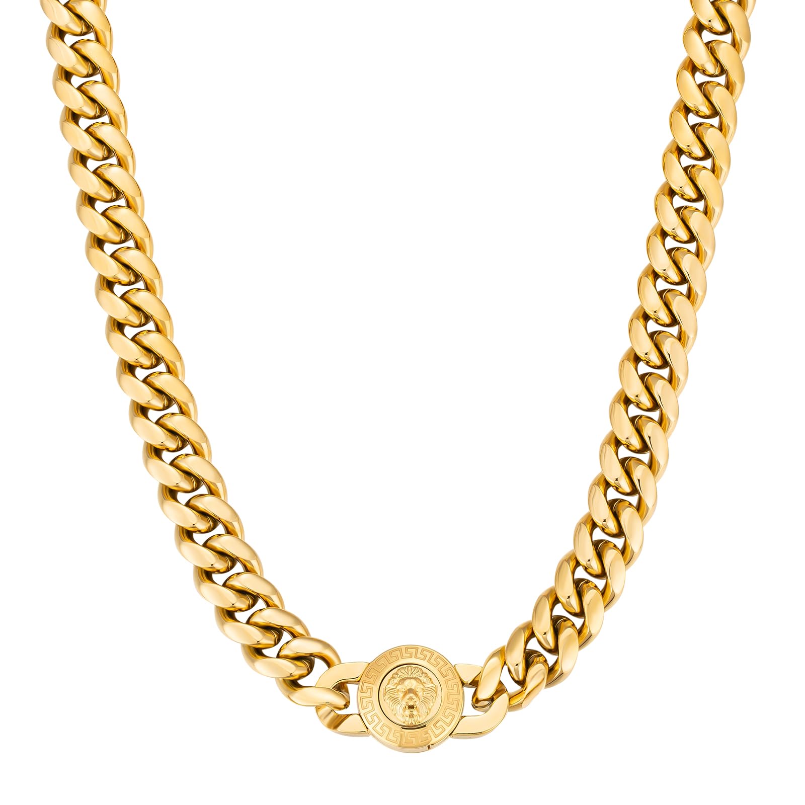 

Lion Design Clasp Necklace Width 12mm Kihei Chain K18 Gold Plated Surgical Stainless Steel Hypoallergenic Metal Thick HIPHOP Wrapper Accessory Gift