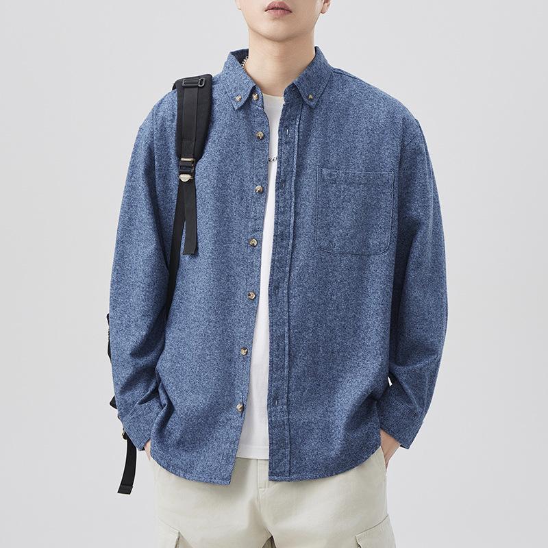 New Japanese Retro Spring Long-sleeved Casual Shirt for Men's Pure Cotton Shirt Solid Color Shirt