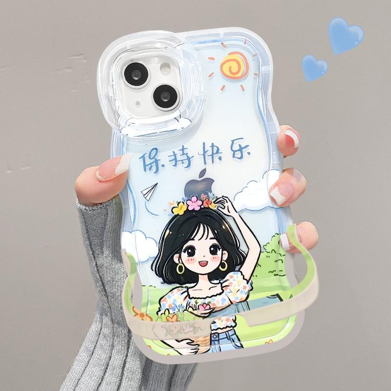 Happy Girl Applies To Apple 16promax Mobile Phone Case 13 Transparent Silicone 15 Double Bracket 14 Cute Cartoon 12