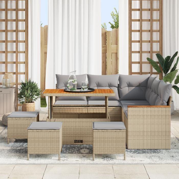 Ensemble de Canapé de Jardin 9 Pièces avec Coussins Beige en Rattan Poly Acacia, Ensemble de Salle à Manger de Jardin 4 3363052