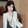 French Chic V-Neck Bow Tie Waist-Cinching Long Sleeve Top for Women