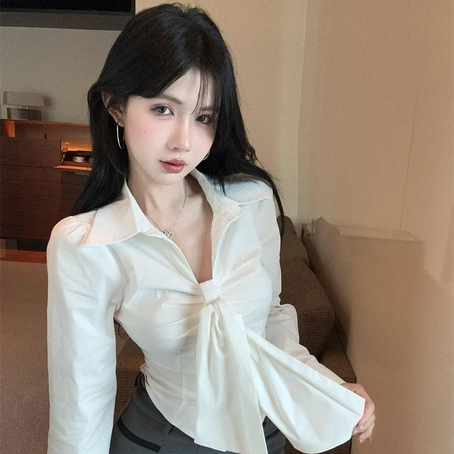 French Chic V-Neck Bow Tie Waist-Cinching Long Sleeve Top for Women