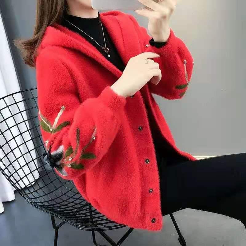 Wasserdichter Mantel mit Kapuze aus Kunstnerz für Damen, locker gestricktes Cardigan-Oberteil für den Winter