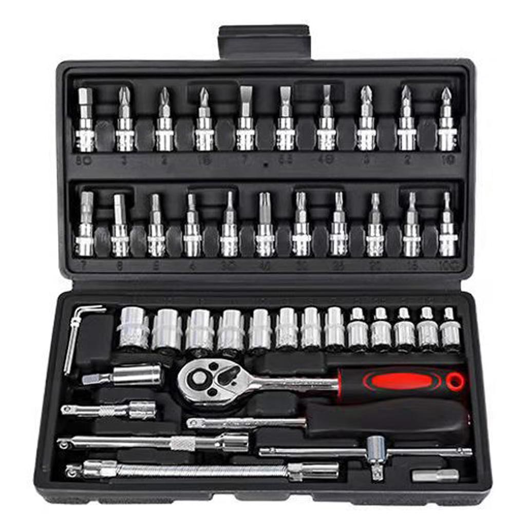 46 Pieces 1/4 " Drive Socket Ratchet Wrench Bit Bits Included Sliding Bar Extension Bar 1/4"Quick Ratchet Handle