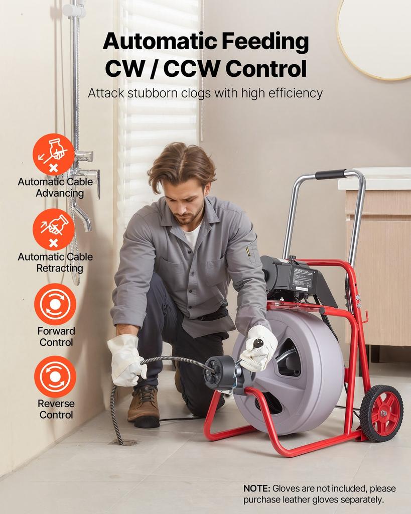 Drain Cleaner Machine 22m x 13mm, Auto Feed Sewer Snake Drain Auger on Wheels, Portable Drain Cleaning Machine with 8 Cutters & Air-Activated Foot