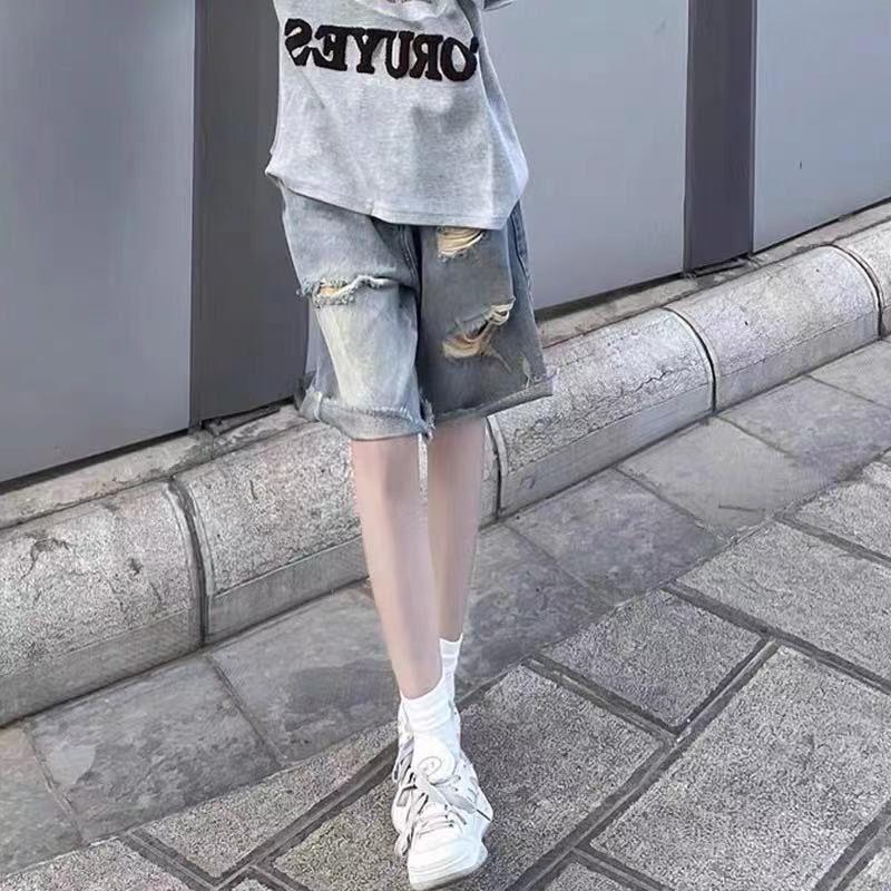 Summer High Waist Vintage Washed Loose Straight Leg Distressed Denim Shorts for Women Plus Size