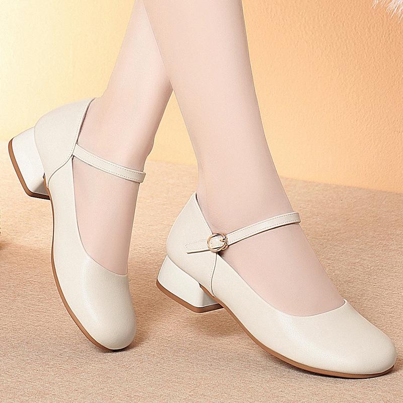 Fashion One-Line Button Mother Shoes Spring Autumn Square Toe Mary Jane Shoes Women's Single Shoes Work Shoes Leather Shoes Comfortable