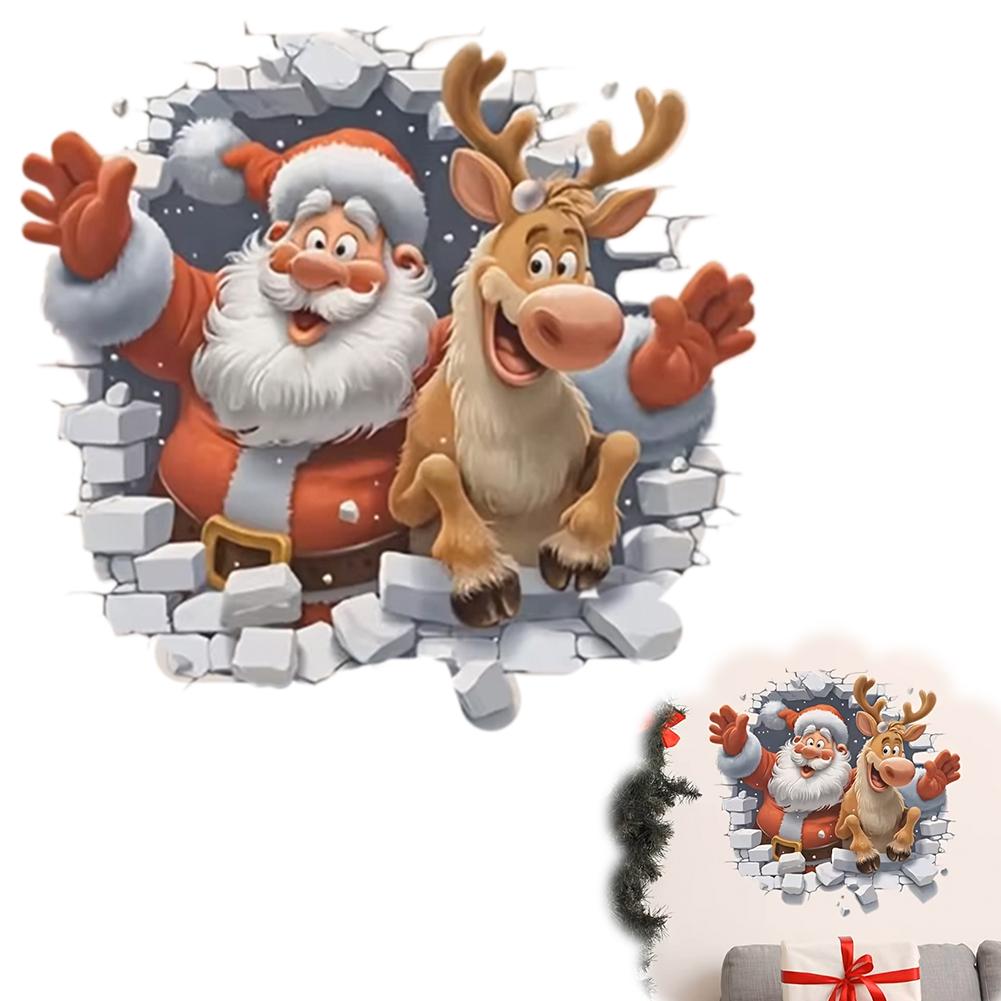 Cartoon Broken Wall Santa Claus Wall Sticker For Christmas Room Background Decor Mural New Year Decoration Self-adhesive Sticker