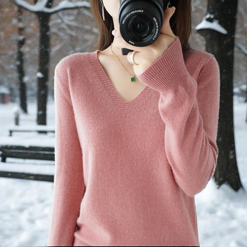 Jednobarevný pletený spodní svetr s výstřihem do V, tenký svetr, westernový styl, vnitřní vrstva