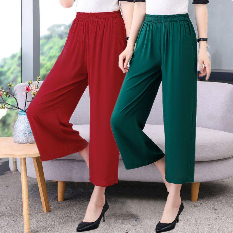 2026 Summer Solid Color Loose Straight Cropped Cotton Silk Pants for Middle-Aged and Elderly Women