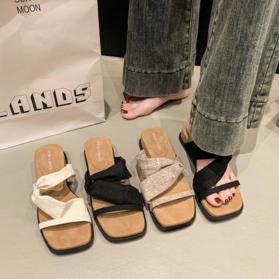 Summer Retro Vacation Slope Heel Slippers Beach Open-toed Sandals Mop Fashion Versatile Thick-soled Cover Toe Cool Slippers