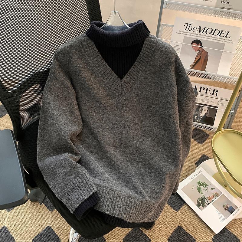 Men's Korean-Style High-Collar Knitwear: Loose Solid Color, Elegant Two-Piece Look, Versatile Winter Pullover