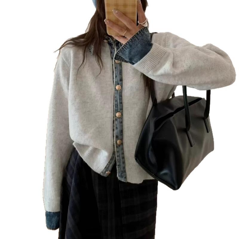 

Джинсовая рубашка Воротник Стежки Имитация двух предметов Свитер Женский Осень и Зима Новый Корейский стиль Высококачественная Вязаная куртка Onesize белый