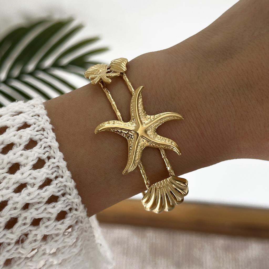 Vintage Punk Stainless Steel Ocean Series Wide Cuff Bangle for Women Gold Plated Starfish Conch Turtle Bracelet Beach Jewelry