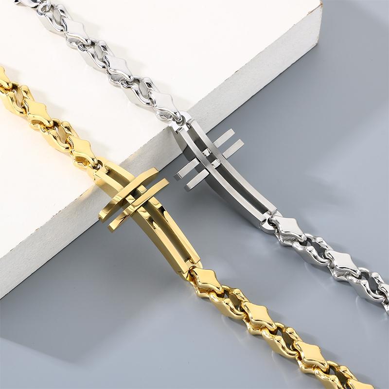Polished Gold Color Stainless Steel Cross Bracelet for Men Women Irregular Chain Minimalist Religious Symbol Jewelry for Daily