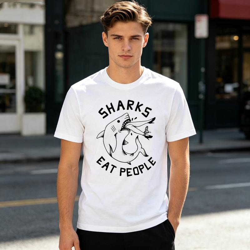 T-shirt Grafica Squali Mangiano Persone Cool Stampa Squalo Cartone Animato Maglietta Unisex Unisex Morbido Cotone Girocollo Manica Corta Streetwear alla Moda