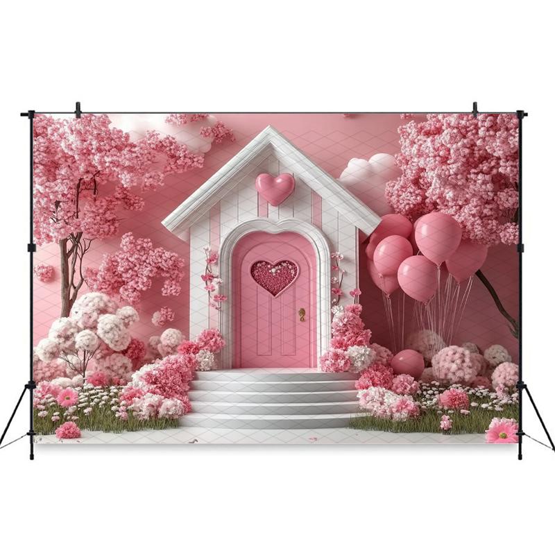 Mocsicka Valentine's Day Photo Backdrop Pink House Tree Balloons Flowers Wallpaper Decorations Wedding Backgrounds Studio Banner