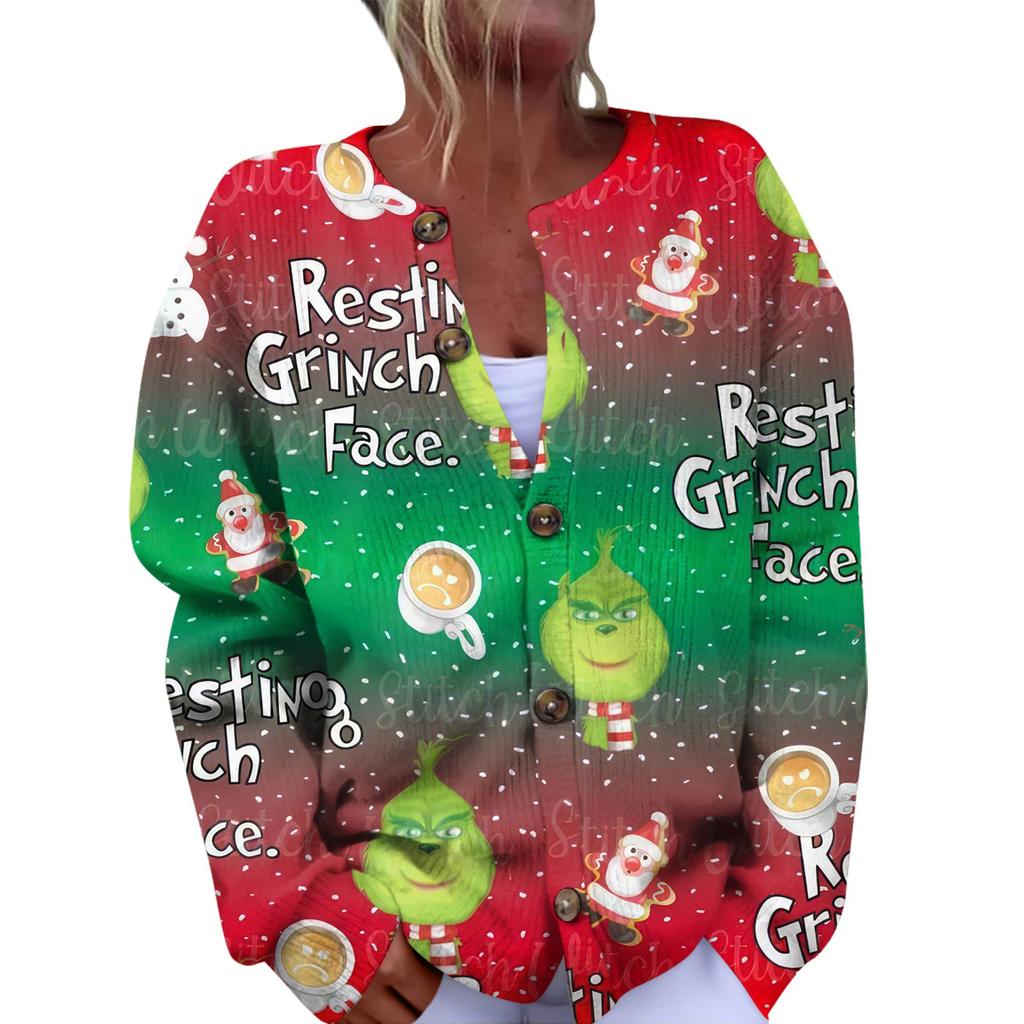 Women's Fashion Christmas Printed Long Sleeve Knitted Cardigan Button Down Jacket