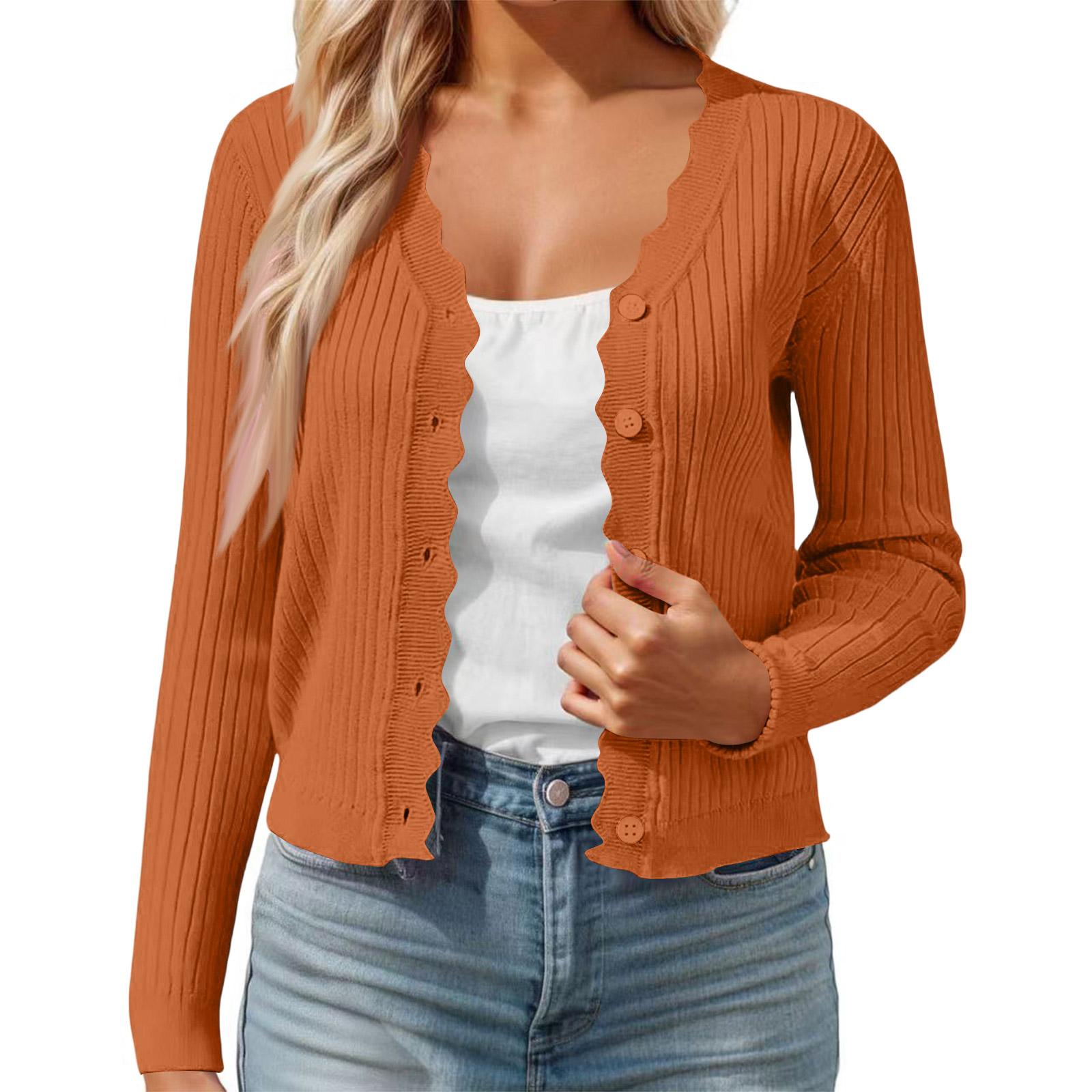 

Women s Color Casual Cardigan With Fungus Edge V-neck Thin Short Knit Jacket XL шафрановий