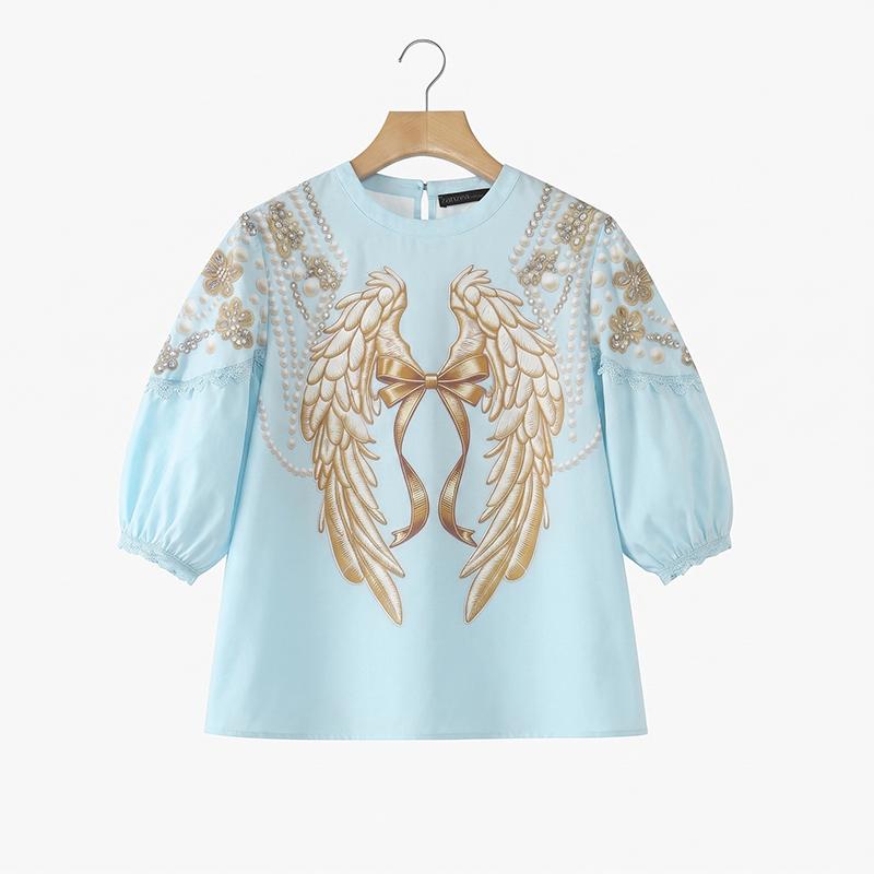 ZANZEA Damen Freizeit Rundhals Locker 3/4 Ärmel Print Bluse
