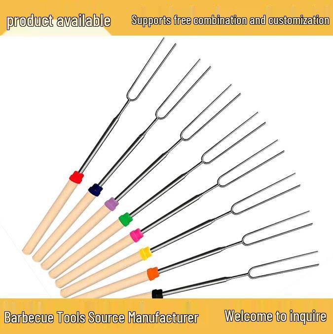 Stainless Steel Telescopic BBQ Grill Fork with U-Shaped Wood Handle 6 pcs (228g)