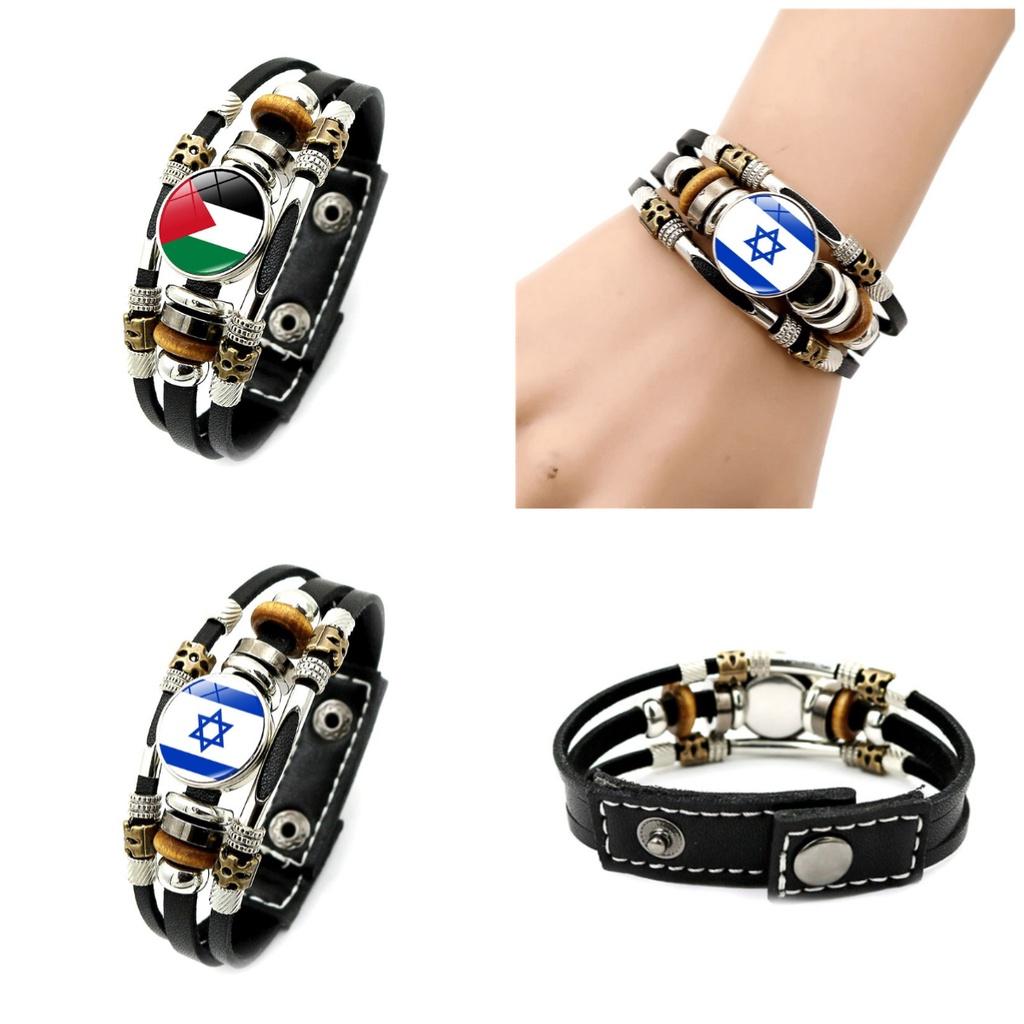 Israel Palestine Flag Pendant Leather Bracelet Handmade Men Accessory Boys Gifts