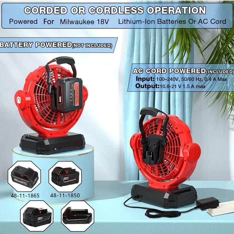 Wireless and Wired Powered Fan For Milwaukee 18V Li-ion Battery Outdoor Fan EU/US/UK Plug Outdoor Portable Fan Three Wind Speeds