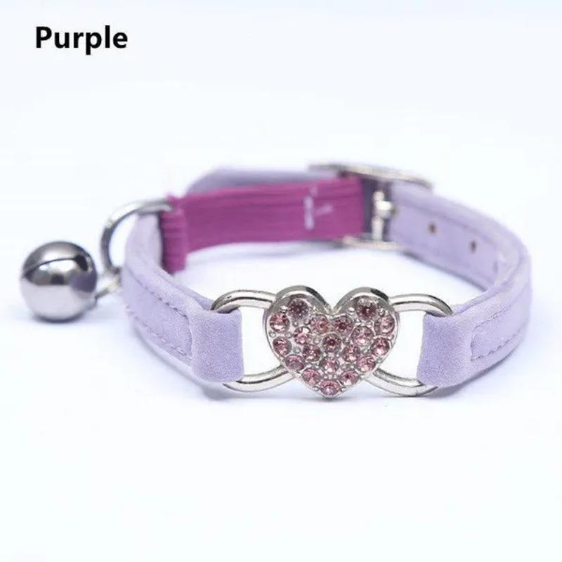 1Pc Cat Collar Adjustable Rhinestone Heart Bell Design Velvet Small Pet Collar