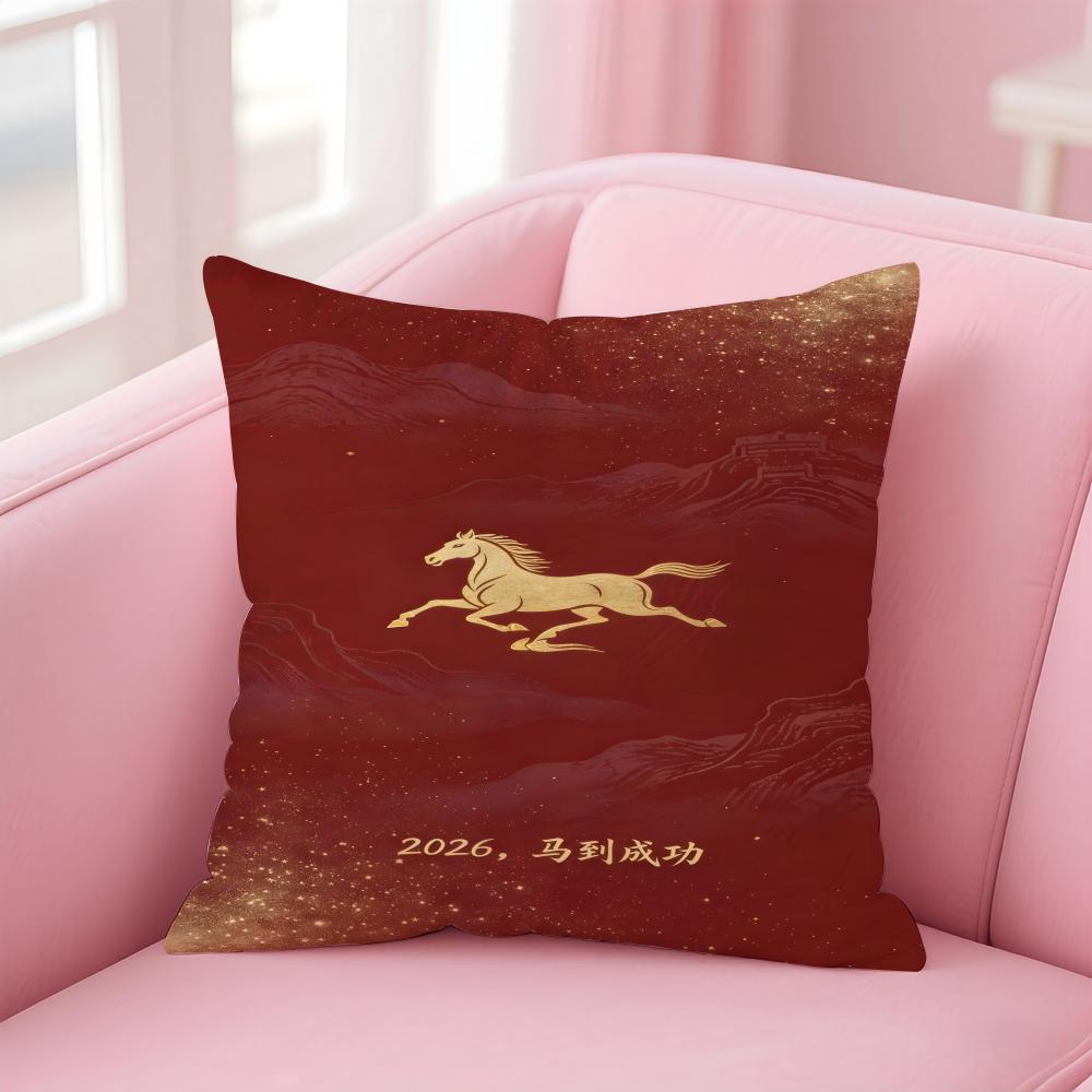 Lucky Chinese New Year red horse art  Cushion Cover Pillowcase Short Plush Invisible zipper Room Sofa Cushion Cover