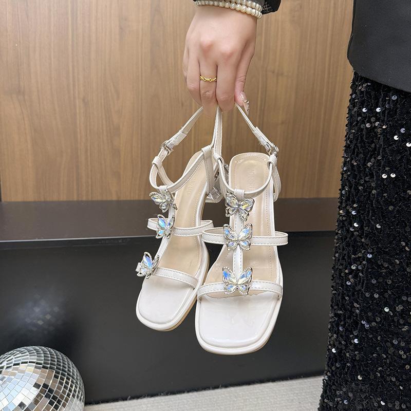 2025 new models, fashionable and sexy versatile Roman style rhinestone thick heel sandals square head thin heel women's shoes