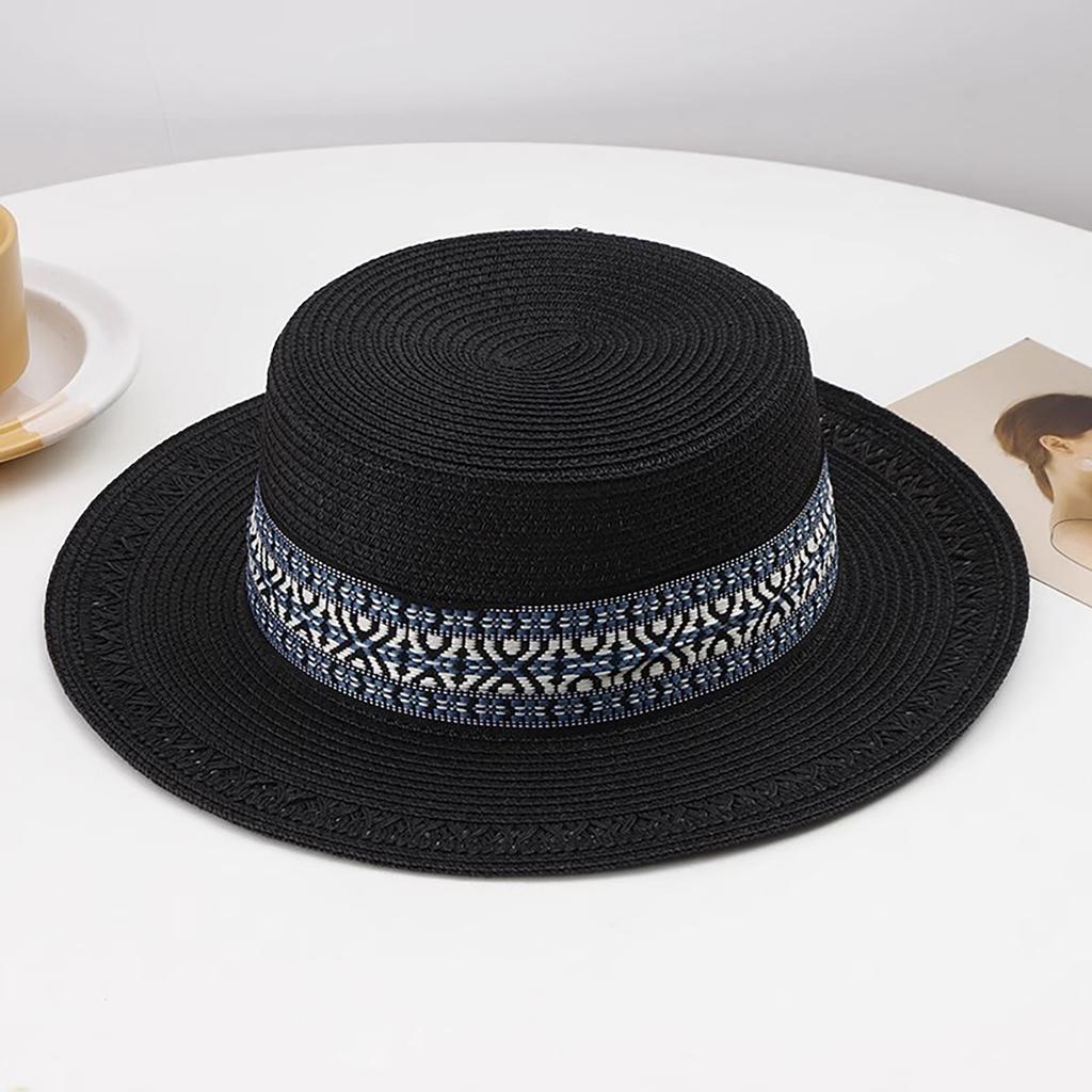 Sun Hat Sun Visor Hats Summer Hat Wide Brim Straw Boater Retro Pattern Outdoor Cap Flat Top Hat