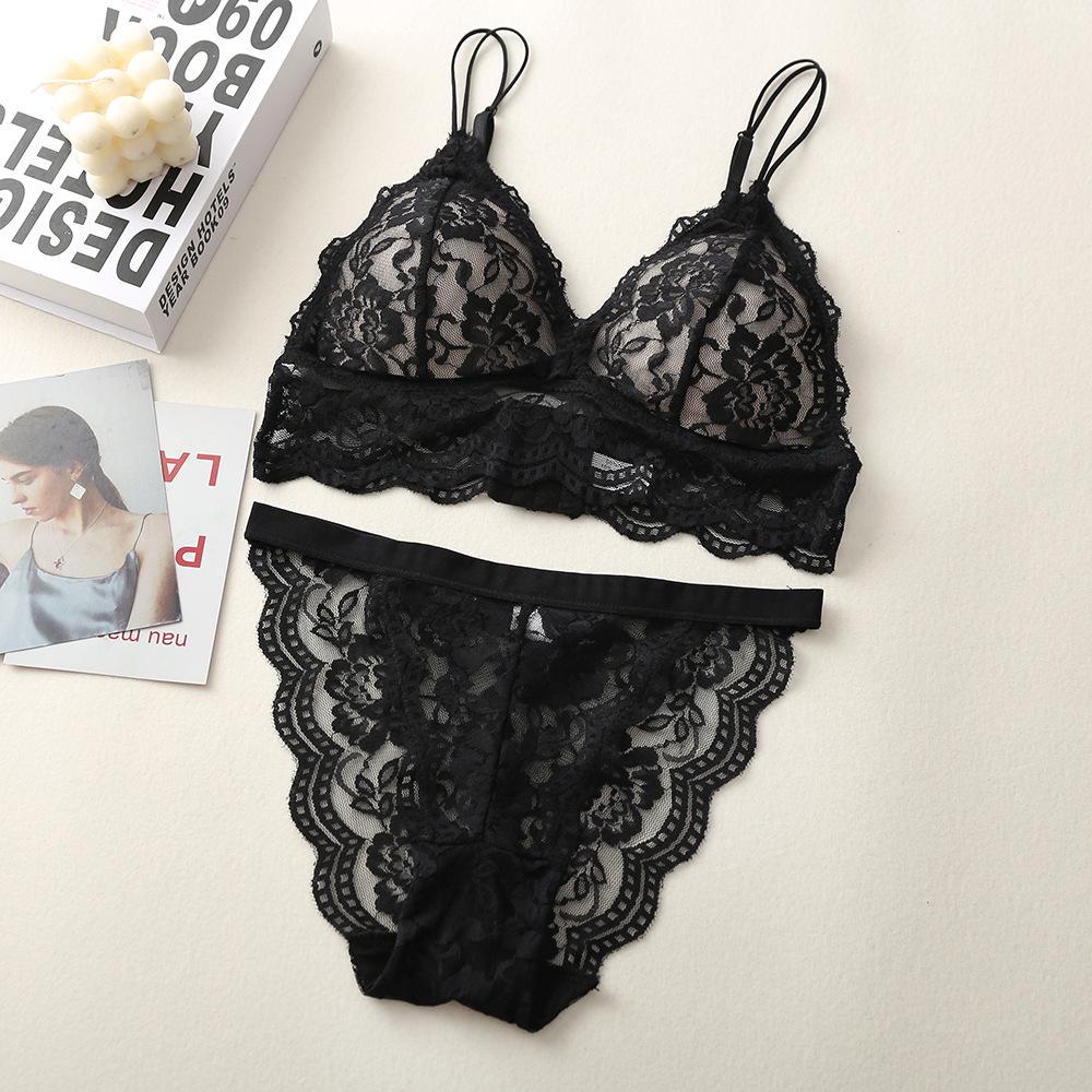 Women's Lace Triangle Cup Bra & Panty Set - Wire-Free, Sexy Hollow Back Design