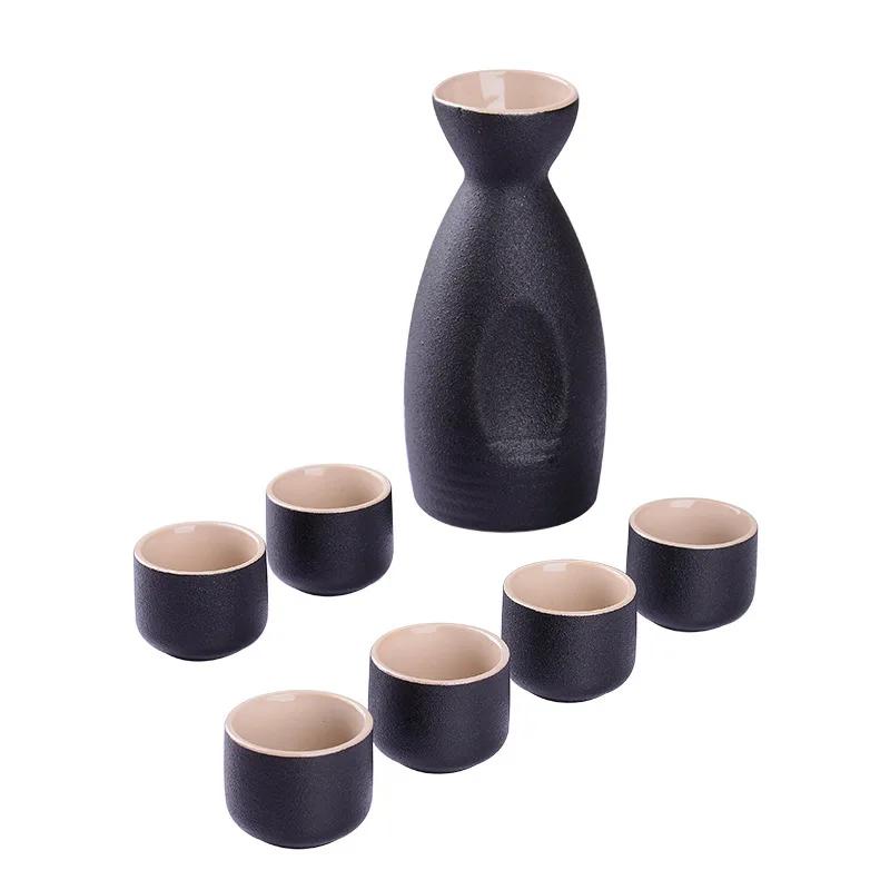 Set di Tazza e Bottiglia per Sake in Ceramica Giapponese più Venduto, Gres Nero, Bottiglia da Vino, Tazza da Vino, 7 Pezzi/Set