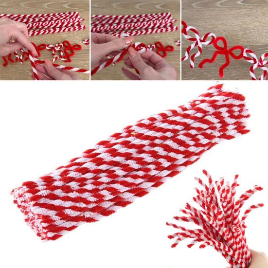 100 Pcs Christmas Pipe Cleaners 50 Red White Striped And 50 Red Thick Fluffy Chenille Stems for DIY Arts Crafts Christmas Decoration